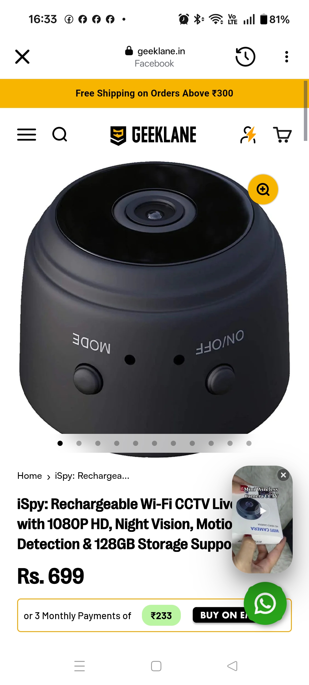 iSpy: Rechargeable Wi-Fi CCTV Live Camera with 1080P HD, Night Vision,